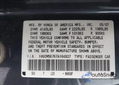 2007 Honda Accord 2.4 Ex from USA, damaged, VIN 1HGCM56767A164927